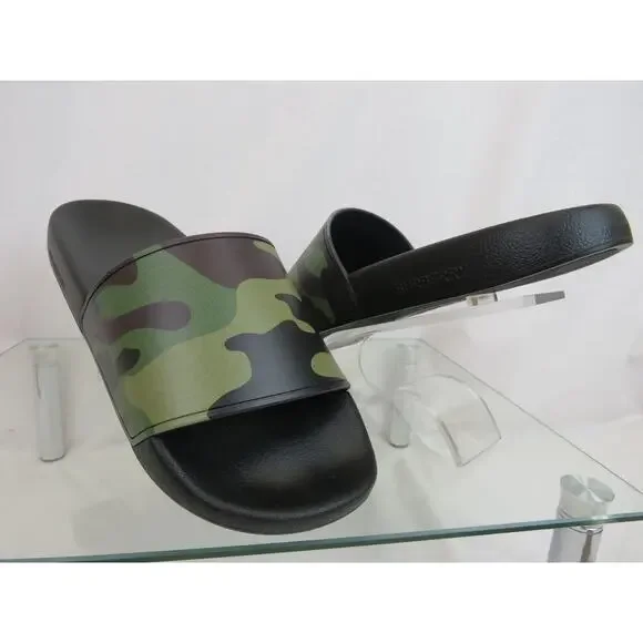 BURBERRY FURLEY GREEN RUBBER CAMOUFLAGE LETTERING LOGO SANDAL SLIDES 44 US 11